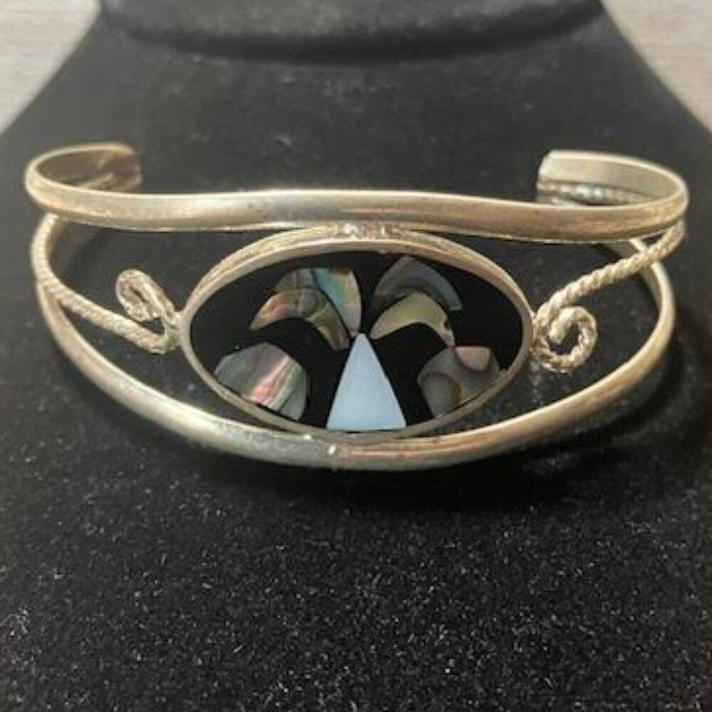 Vintage Alpaca Mexico Palm Tree Abalone Cuff Bracelet